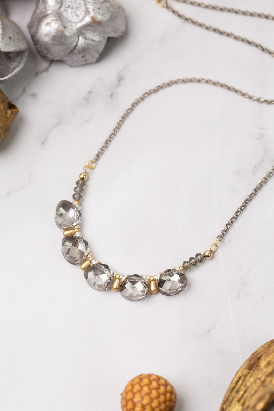 Silver & Gold 16-18" Crystal Briolette Simple Necklace