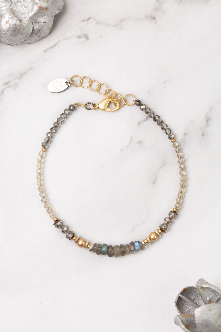 Silver & Gold 7.5-8.5 Faceted Smoky Gray Crystal, Labradorite, Czech Glass Simple Bracelet