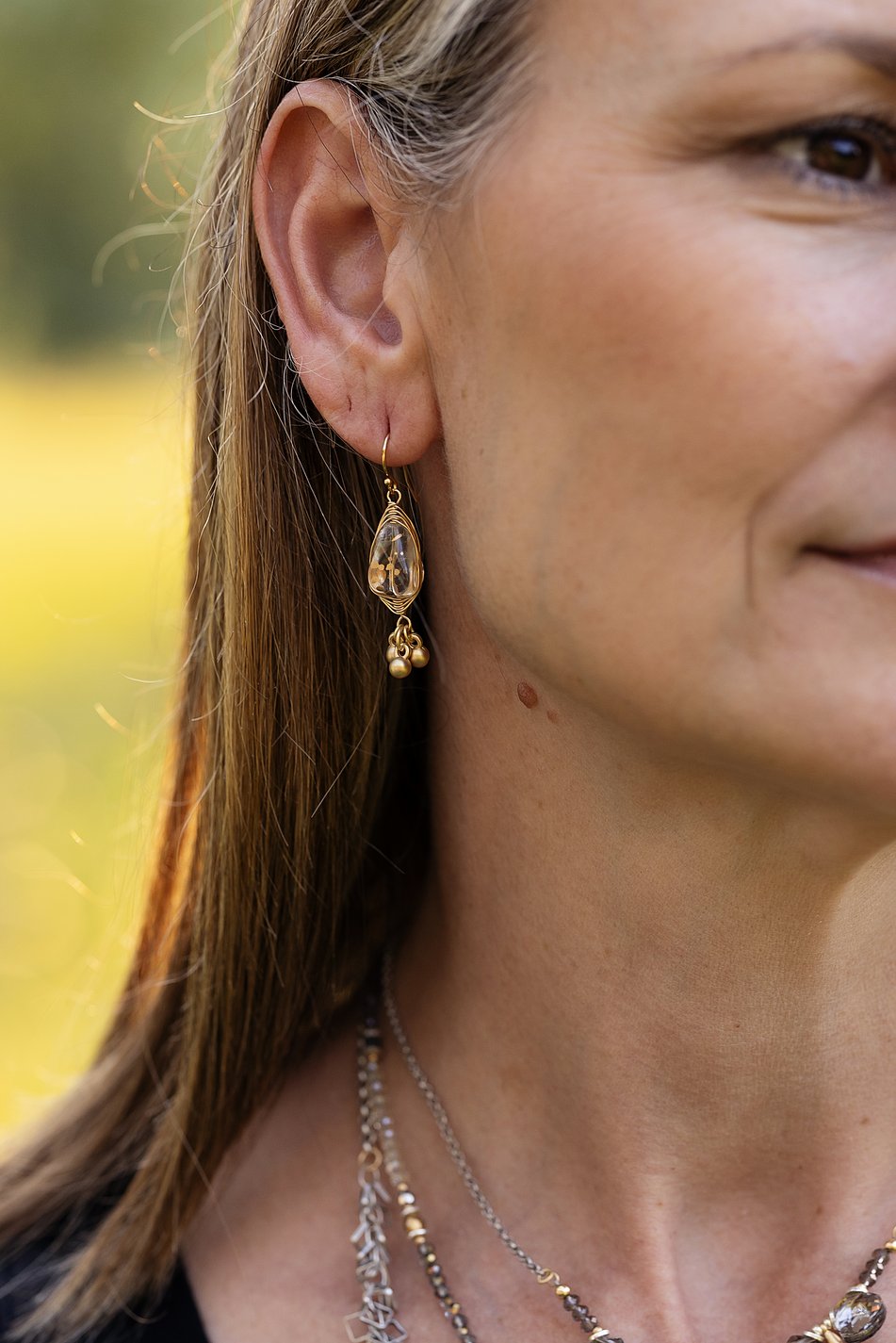 Silver & Gold Czech Glass With Matte Gold Plated Brass Dangles Herringbone Earrings