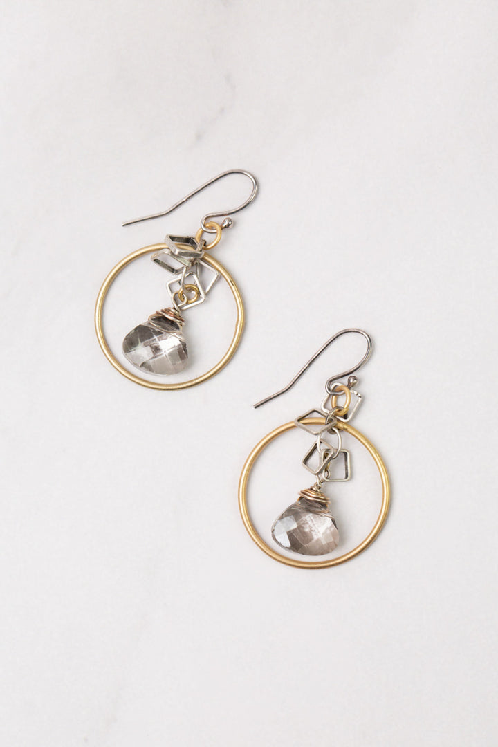 Silver & Gold Smoky Gray Faceted Crystal Briolette Hoop Earrings