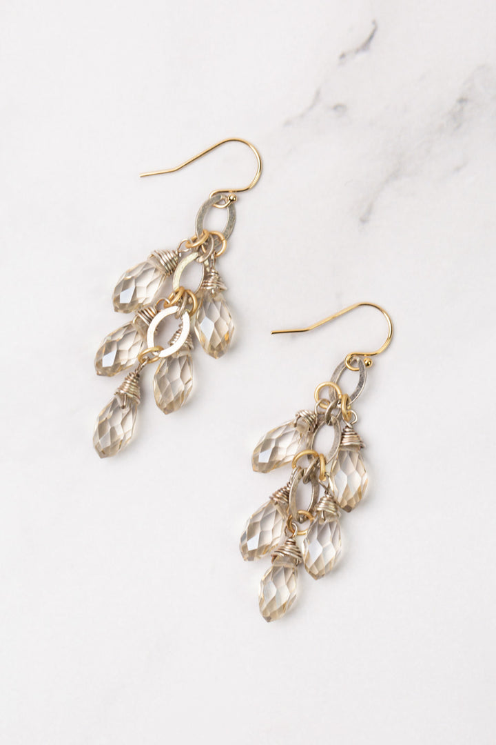 Silver & Gold Cluster Clear Crystal Briolette Droplets Cluster Earrings