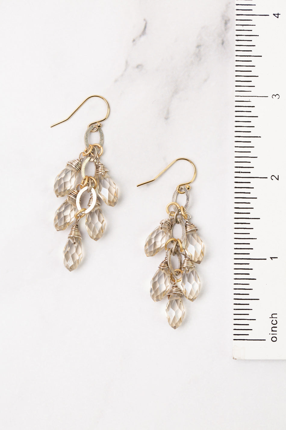 Silver & Gold Cluster Clear Crystal Briolette Droplets Cluster Earrings
