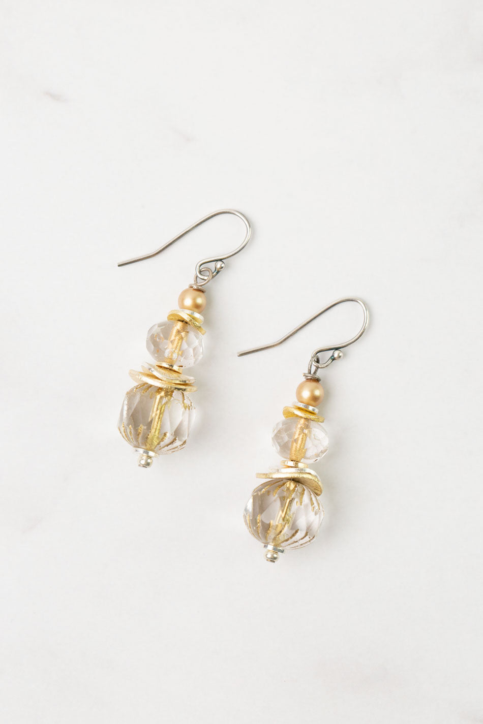 Silver & Gold Pearl, Crystal Simple Earrings