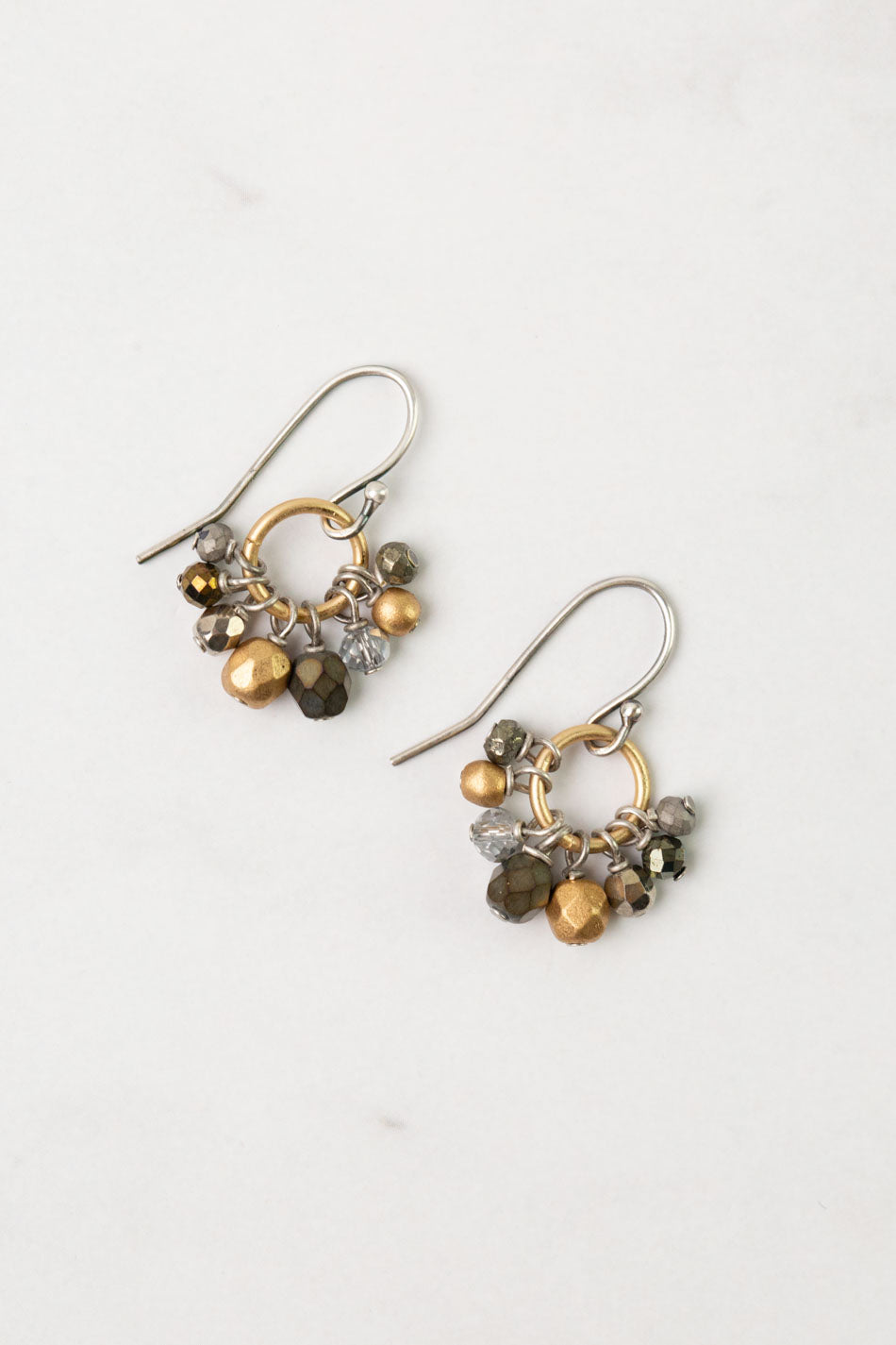 Silver & Gold Czech Glass, Crystal, Pyrite Cluster Earrings