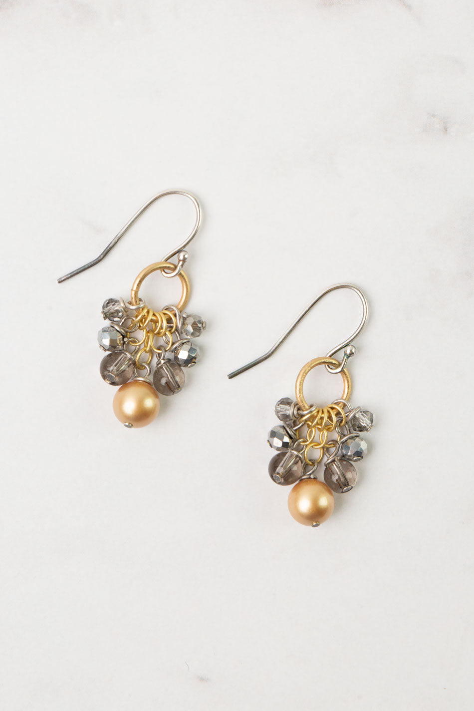 Silver & Gold Smoky Quartz, Pearl, Crystal Dangle Earrings