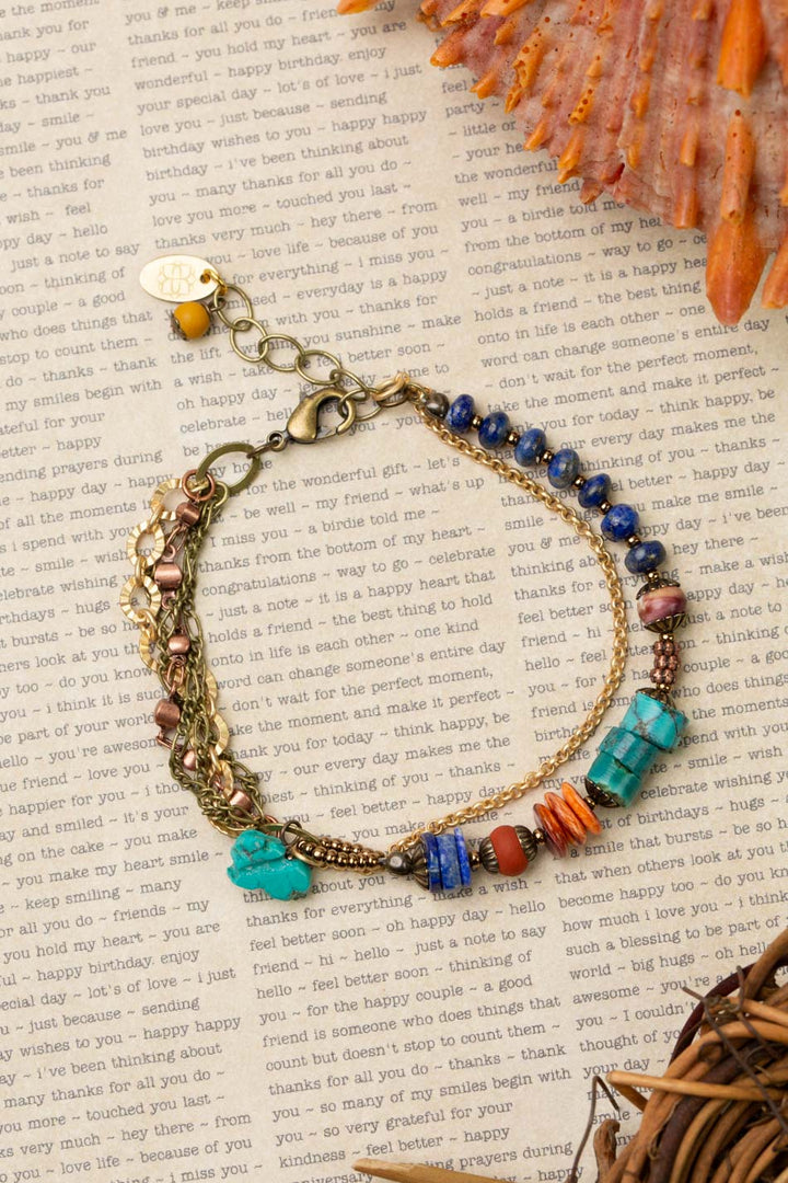 Soulful 7.5-8.5" Turquoise, Spiny Oyster, Lapis Lazuli With Antique Copper Plated Brass Chain Multistrand Bracelet