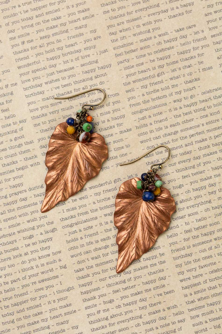 Soulful Antique Copper Leaf With Lapis Lazuli, Mookite Jasper, Turquoise And Czech Glass Statement Earrings