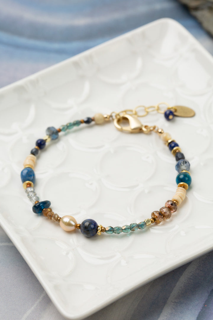 Starry Night 7.5-8.5" Blue Apatite, Mother Of Pearl, Lapis Simple Bracelet