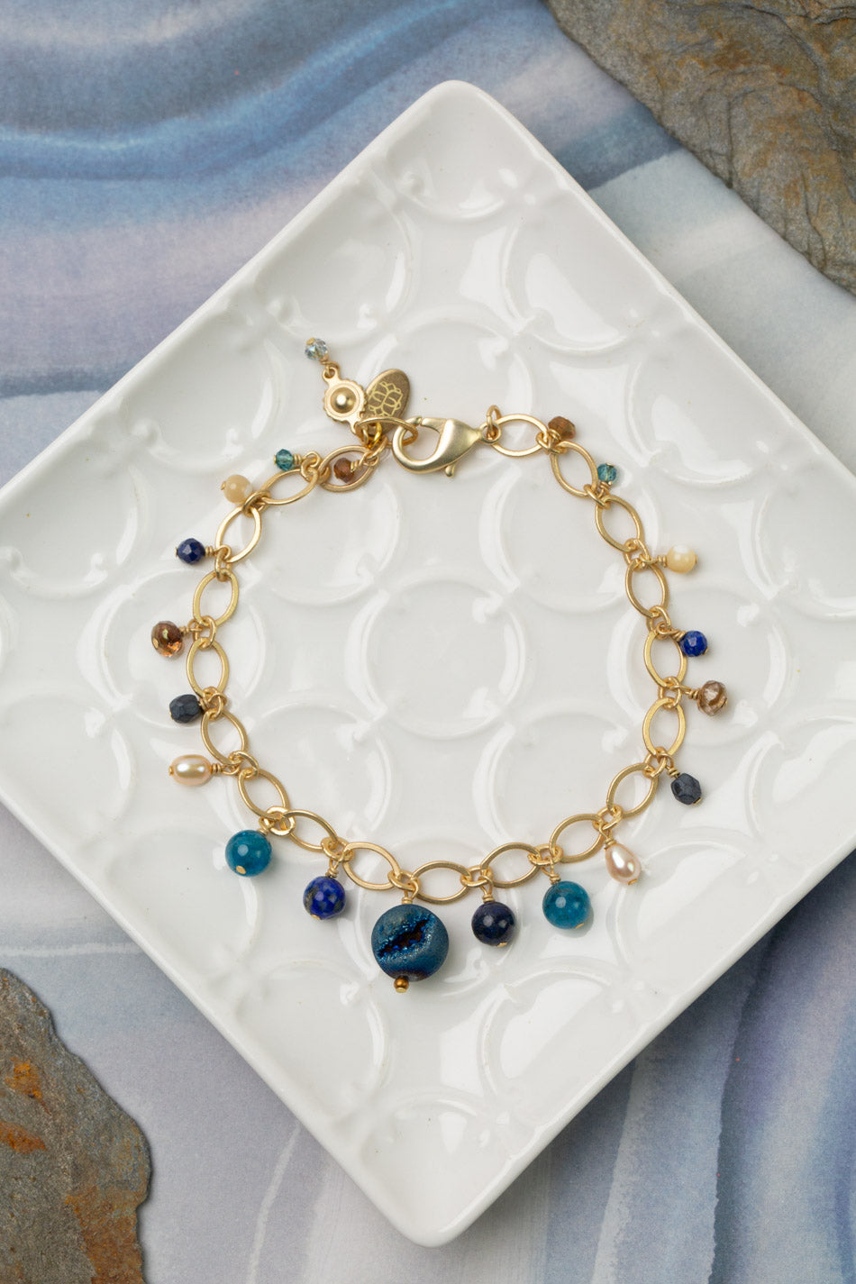 Starry Night 7.5-8.5" Lapis Lazuli, Blue Apatite, Freshwater Pearl Simple Bracelet