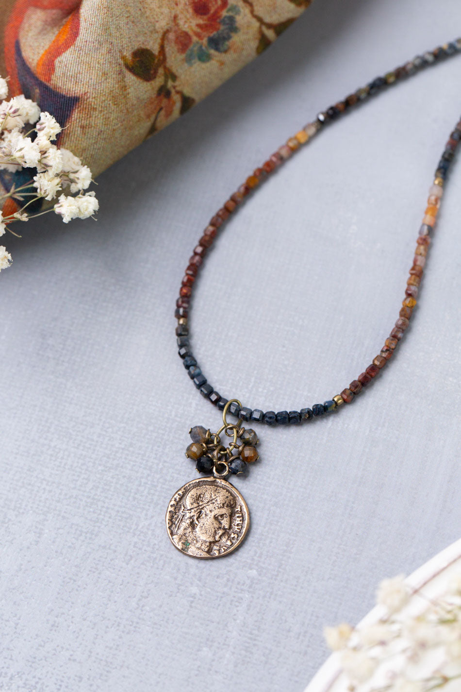Sacred Heart 15-17" Pietersite With Antique Brass Pendant Simple Necklace