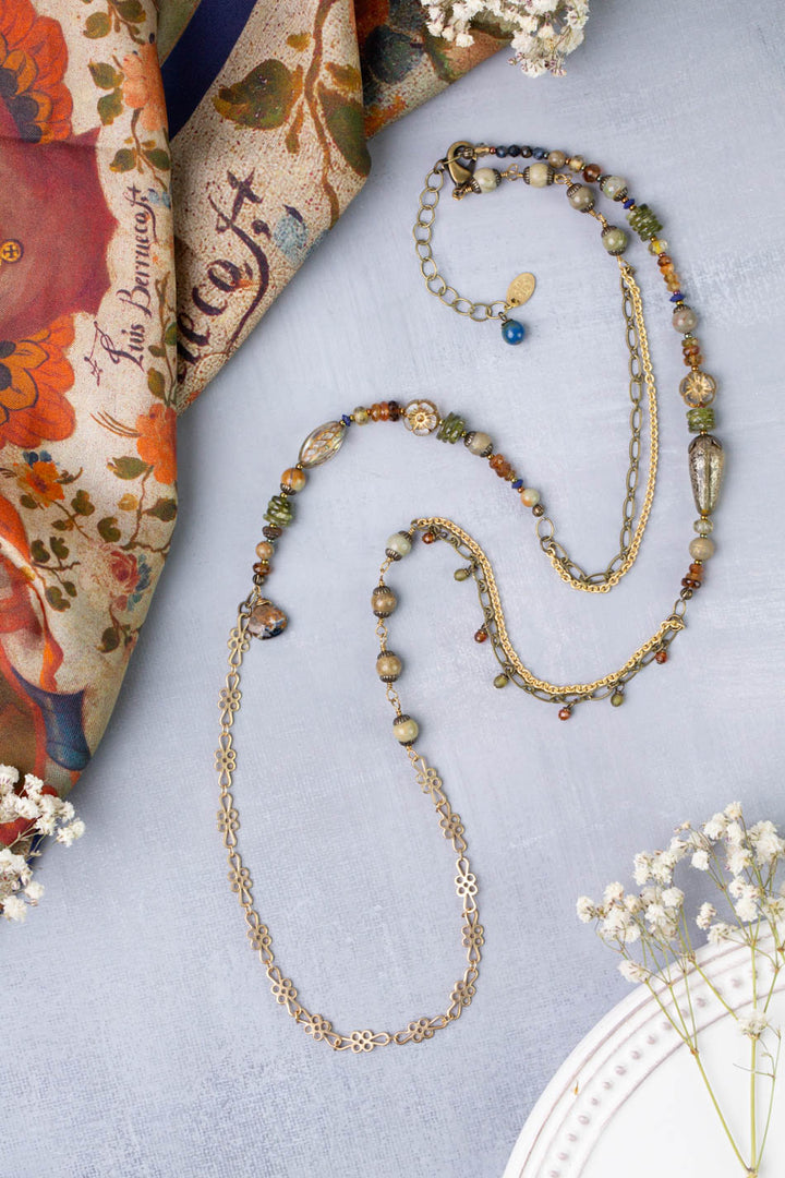Sacred Heart 35-37" Lapis, Czech Glass, Pietersite Collage Necklace