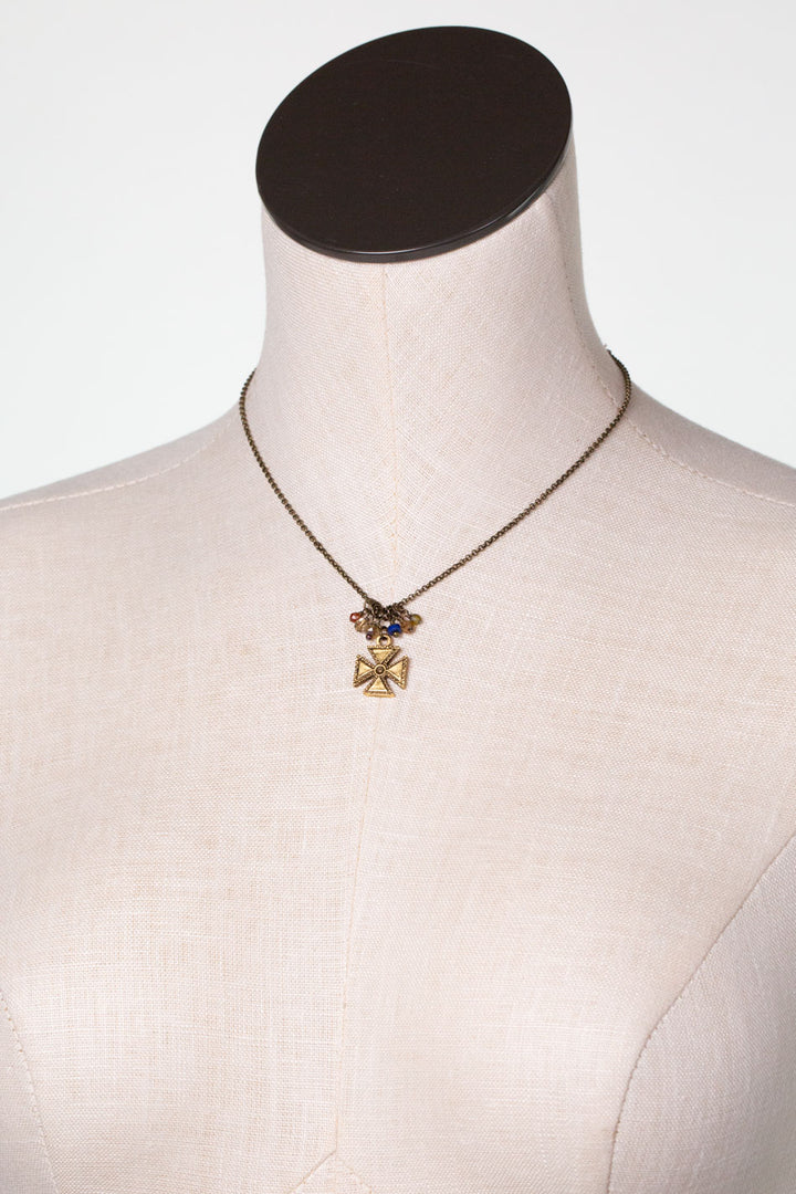 Sacred Heart 15-17" Antique Brass Cross, Czech Glass Simple Necklace