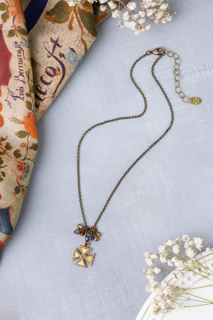 Sacred Heart 15-17" Antique Brass Cross, Czech Glass Simple Necklace