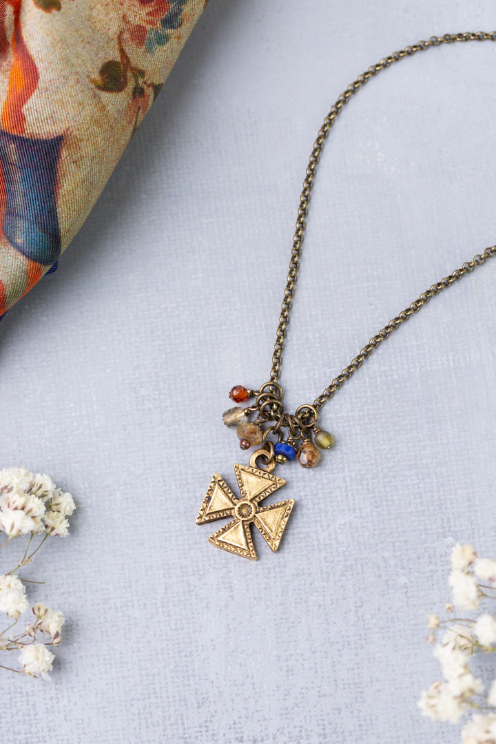 Sacred Heart 15-17" Antique Brass Cross, Czech Glass Simple Necklace