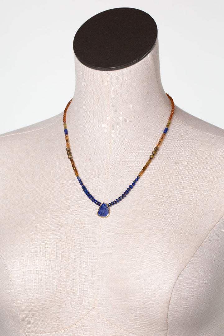 Sacred Heart 18.25-20.25" Czech Glass, Hessonite Garnet With Lapis Bezel Simple Necklace