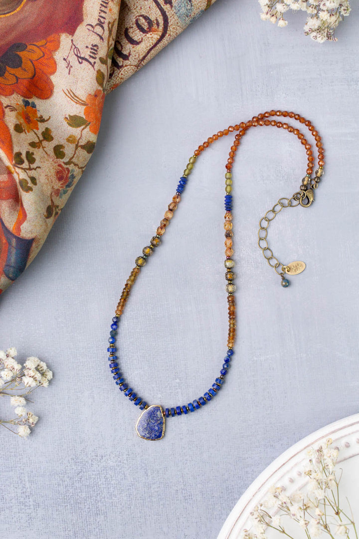 Sacred Heart 18.25-20.25" Czech Glass, Hessonite Garnet With Lapis Bezel Simple Necklace