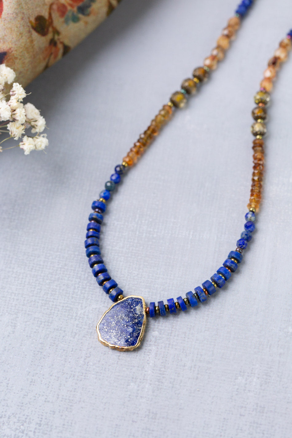 Sacred Heart 18.25-20.25" Czech Glass, Hessonite Garnet With Lapis Bezel Simple Necklace