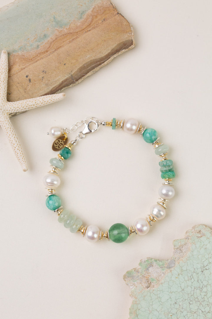 Serenity 7.5-8.5" Amazonite, Freshwater Pearl, Apatite Simple Bracelet