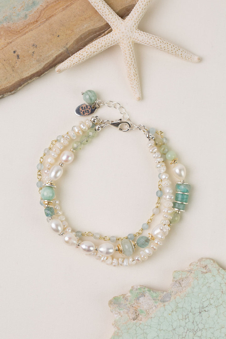 Serenity 7.5-8.5" Apatite, Amazonite, Freshwater Pearl Multistrand Bracelet