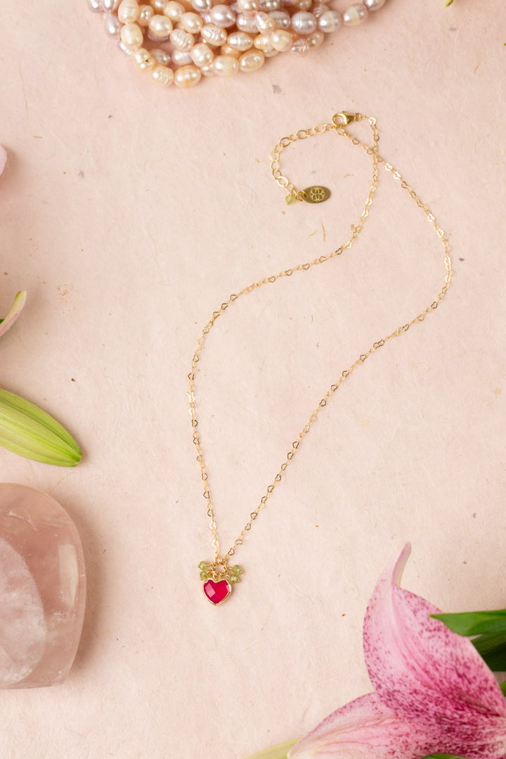 Splendor 15.5-17.5" Fuchsia Jade Heart Bezel, Peridot Simple Necklace
