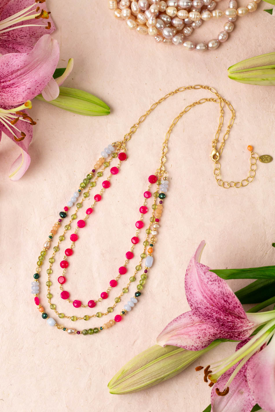 Splendor 21.5-23.5" Blue Lace Agate, Fuchsia Jade, Peridot Multistrand Necklace