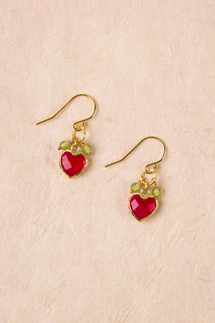 Splendor Fuchsia Jade Heart Bezel, Peridot Simple Earrings