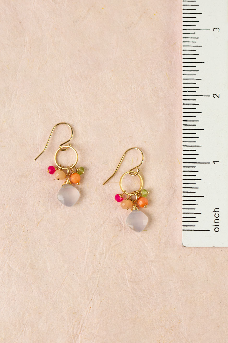 Splendor Chalcedony Briolette, Peridot, Coral Cluster Earrings