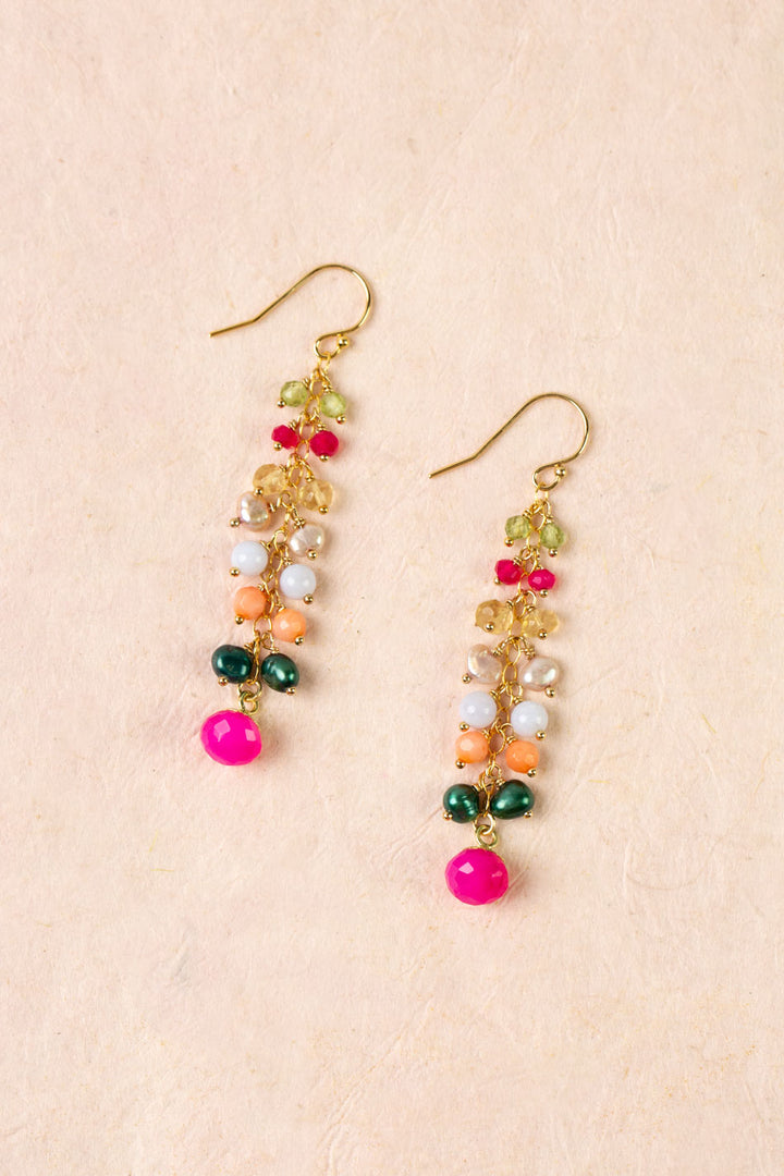 Splendor Fuchsia Jade Bezel Drop, Peridot, Blue Lace Agate Cluster Earrings