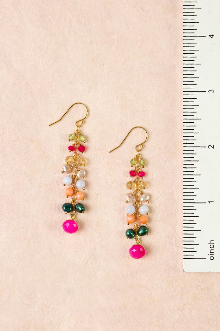 Splendor Fuchsia Jade Bezel Drop, Peridot, Blue Lace Agate Cluster Earrings