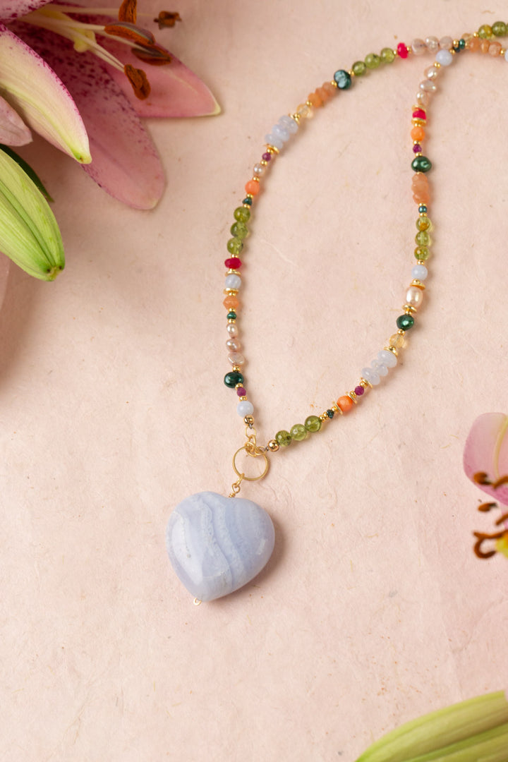 Splendor 17.5-19.5" Blue Lace Agate Heart Pendant Statement Necklace