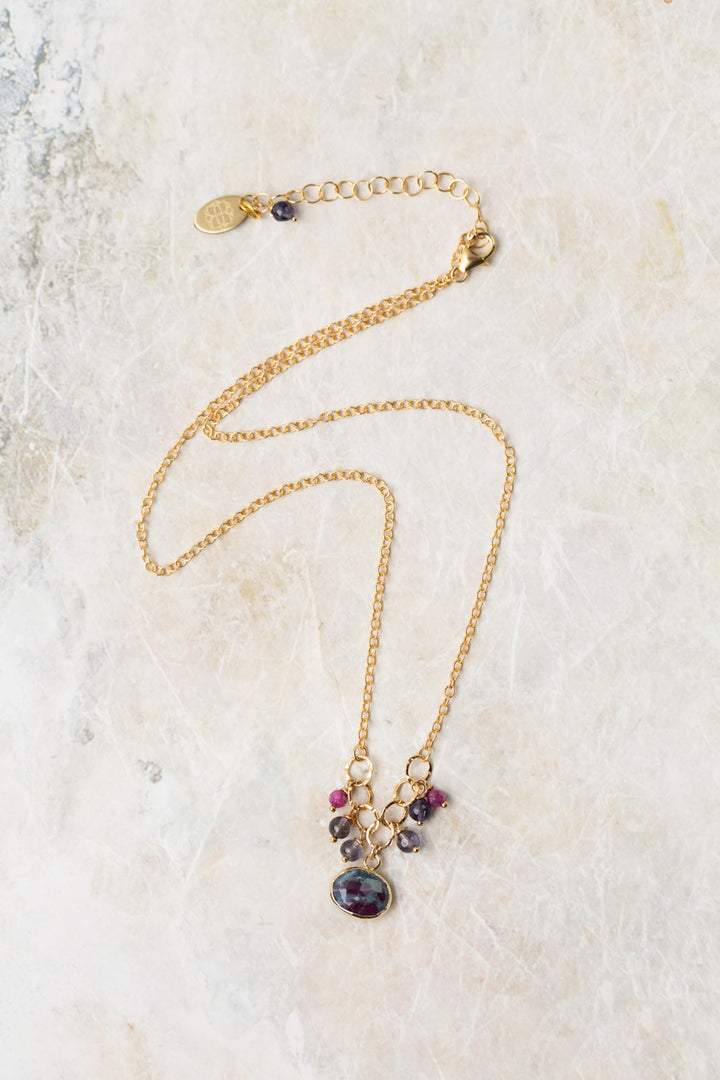 True Colors 15-17" Iolite With Faceted Ruby, Kyanite Bezel Simple Necklace