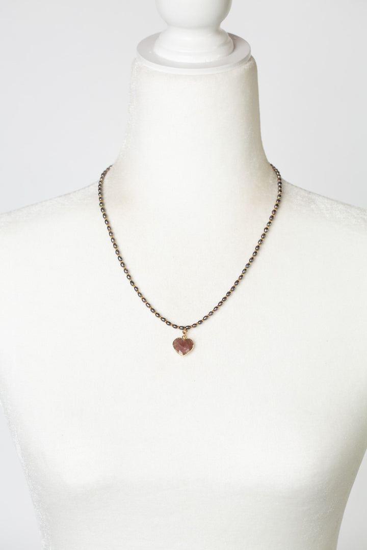 True Colors 19.25-21.25" Freshwater Pearl, Ruby With Faceted Strawberry Quartz Heart Shaped Bezel Simple Necklace