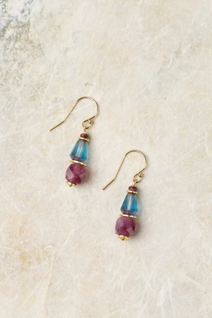 True Colors Faceted Ruby, Faceted Blue Czech Glass Simple Earrings