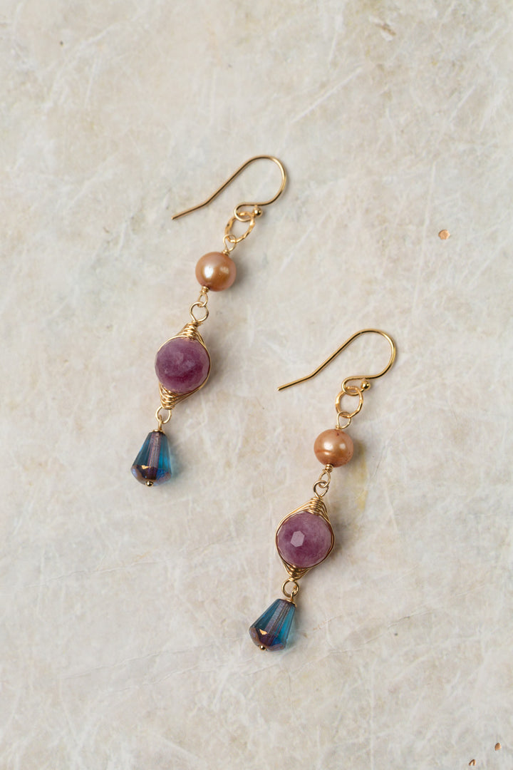 True Colors Czech Glass, Freshwater Pearl With Herringbone Wrapped Faceted Ruby Herringbone Earrings