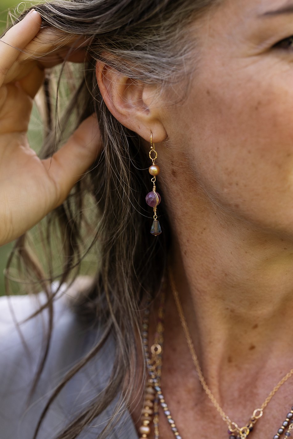 True Colors Czech Glass, Freshwater Pearl With Herringbone Wrapped Faceted Ruby Herringbone Earrings