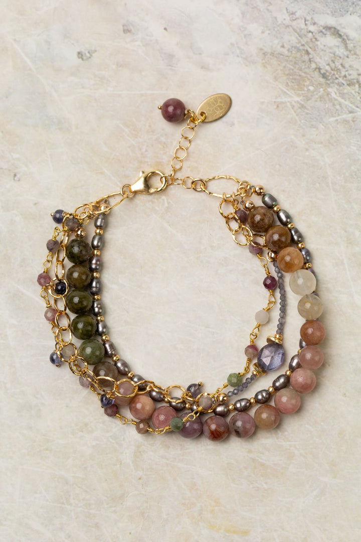 True Colors 7.5-8.5" Tourmaline, Pearl, Iolite Multistrand Bracelet