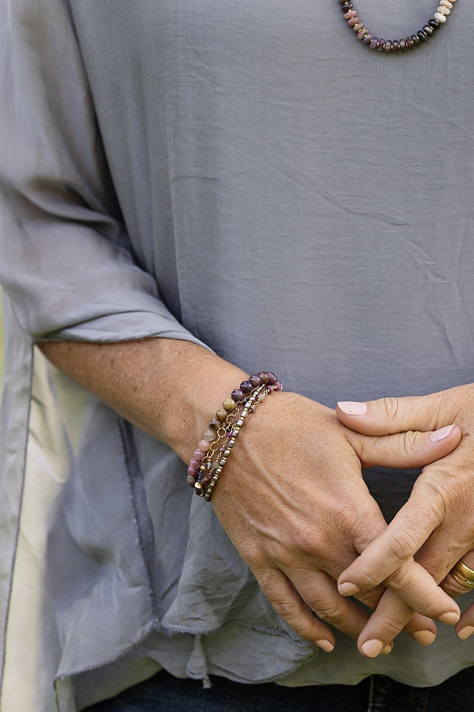 True Colors 7.5-8.5" Tourmaline, Pearl, Iolite Multistrand Bracelet