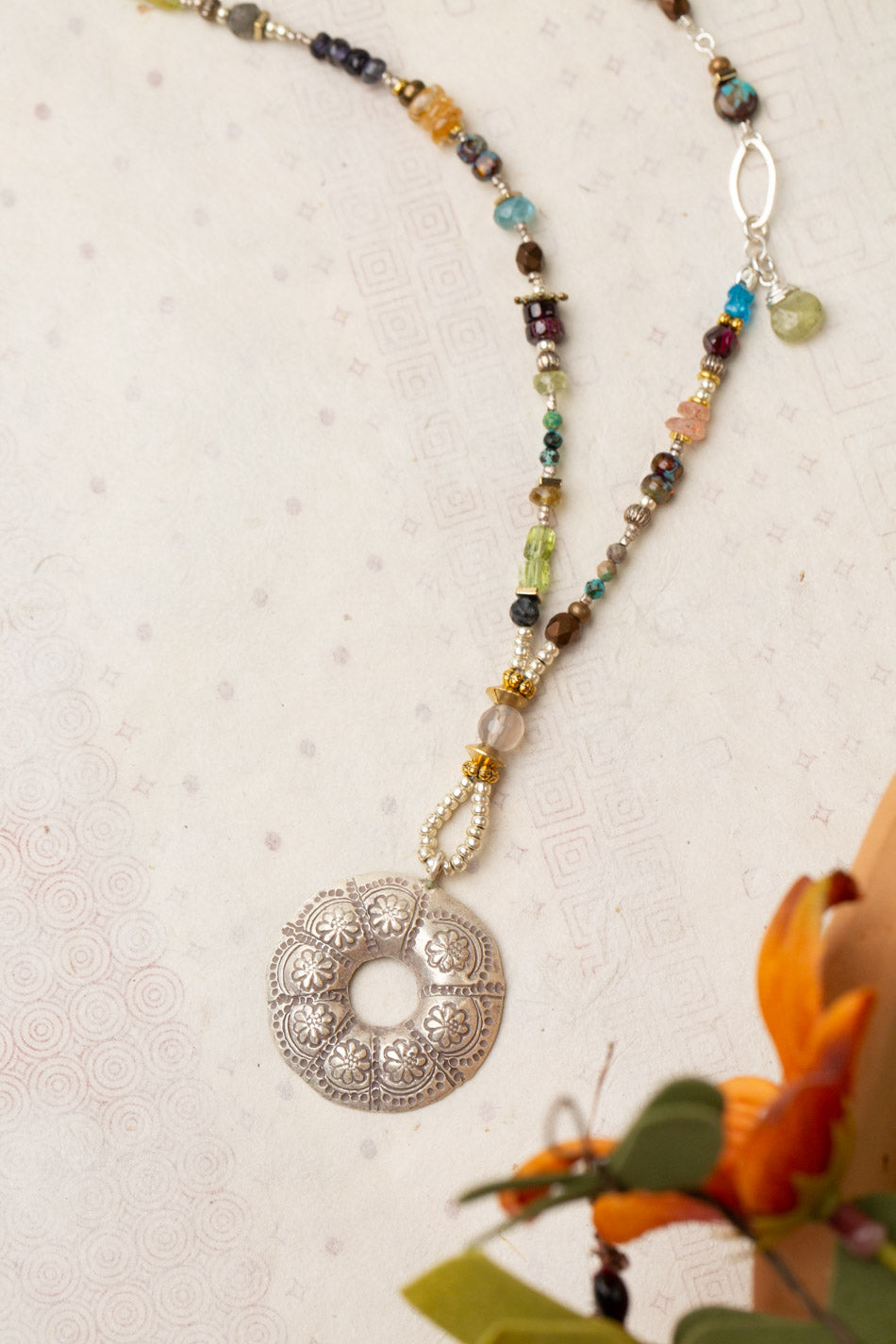 Thrive 25.5-27.5" Citrine Iolite, Blue Apatite, Peridot, Labradorite With Handmade Hill Tribe Fine Silver Floral Mandala Circle Pendant Statement Necklace