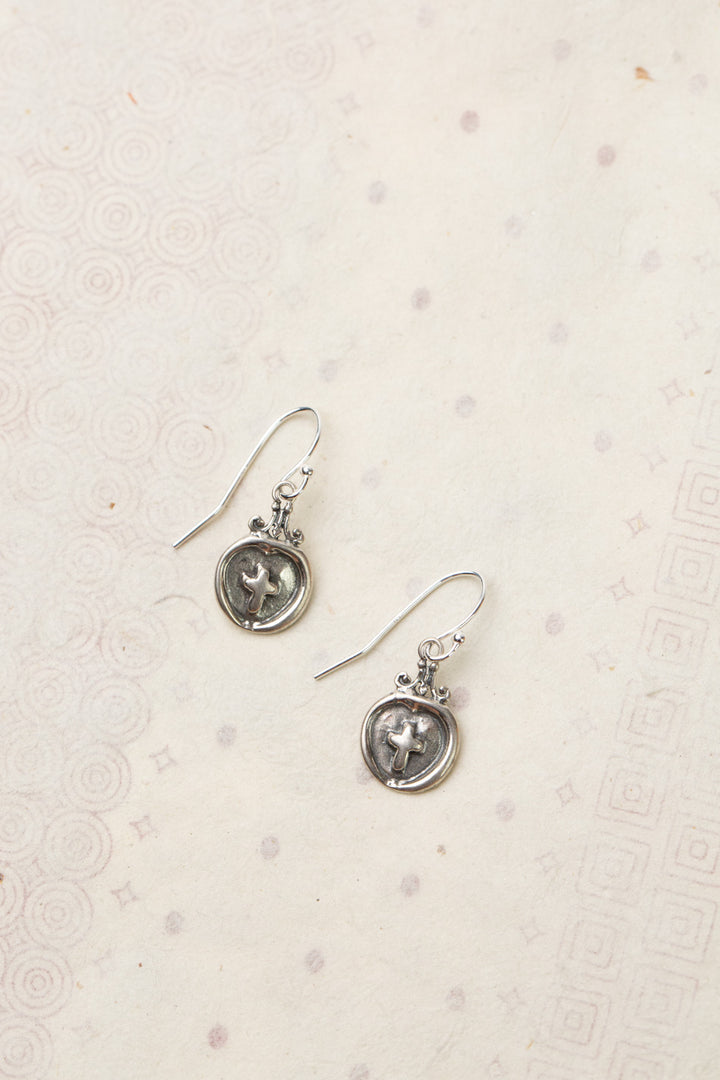 Thrive Silver Coin Drop With Cross Simple Earrings