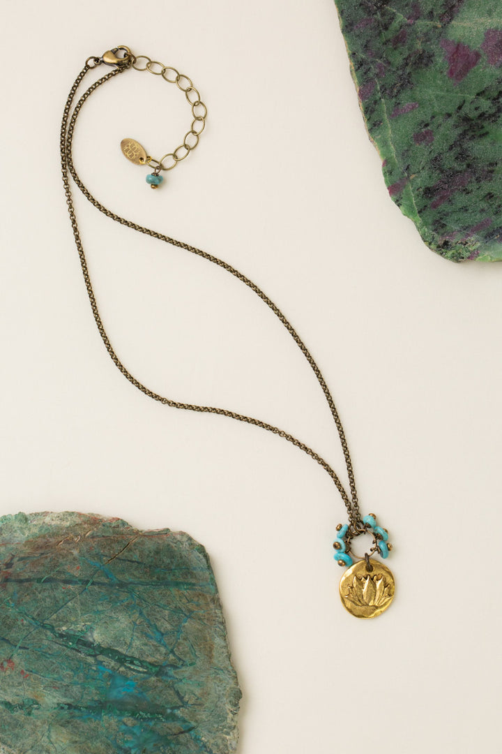 Transcend 16.5-18.5" Brass Lotus Pendant, Turquoise Chips Cluster Necklace