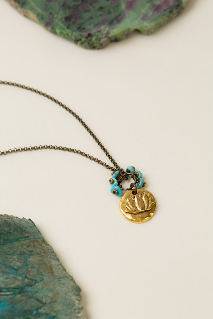 Transcend 16.5-18.5" Brass Lotus Pendant, Turquoise Chips Cluster Necklace
