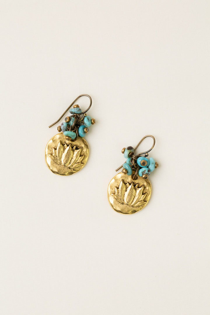 Transcend Brass Lotus, Turquoise Cluster Earrings