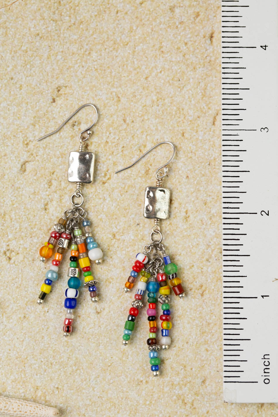 United African Trade Beads With Ornate Tribal Petal Shape Charm Cluster Earrings