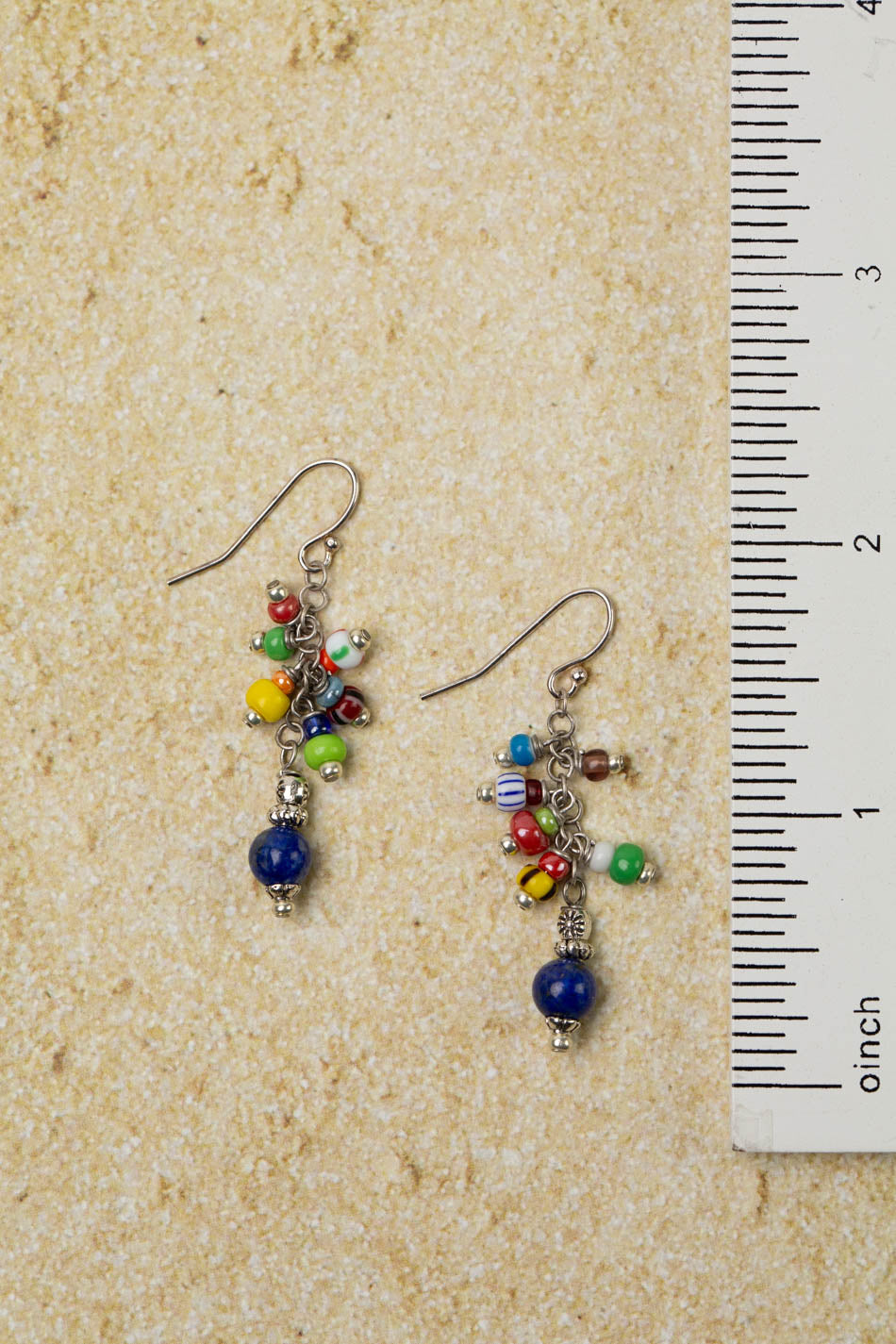 United Colorful African Trade Beads With Lapis Lazuli Cluster Earrings