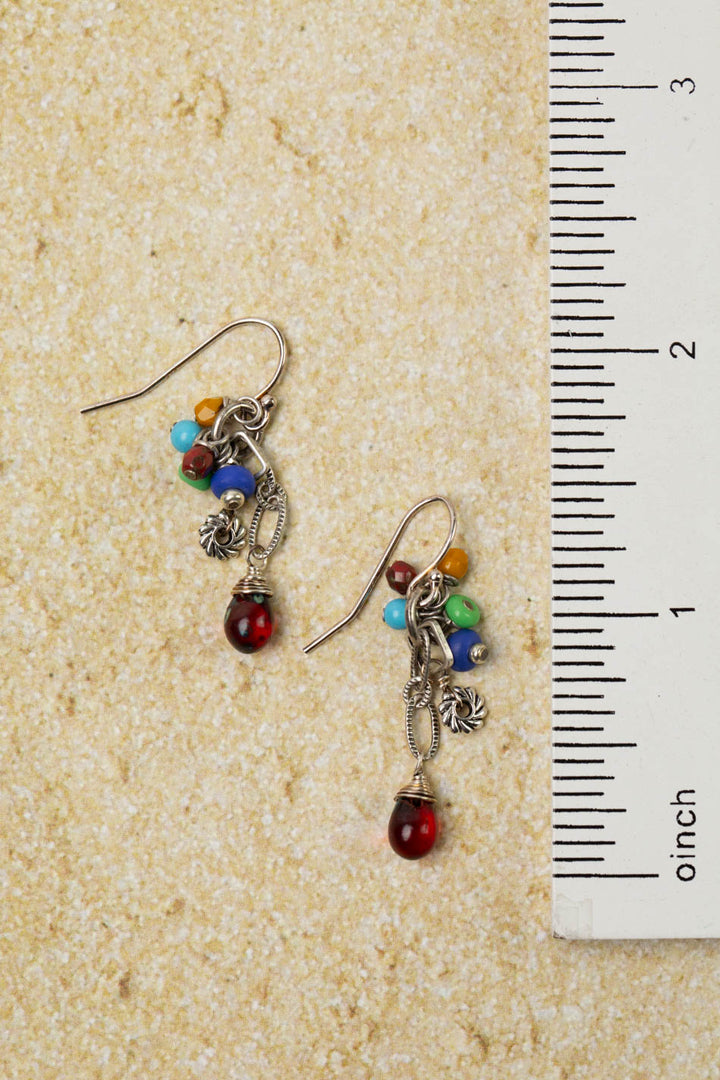 United Colorful African Trade Beads With Czech Glass Red Drop Briolette Cluster Earrings