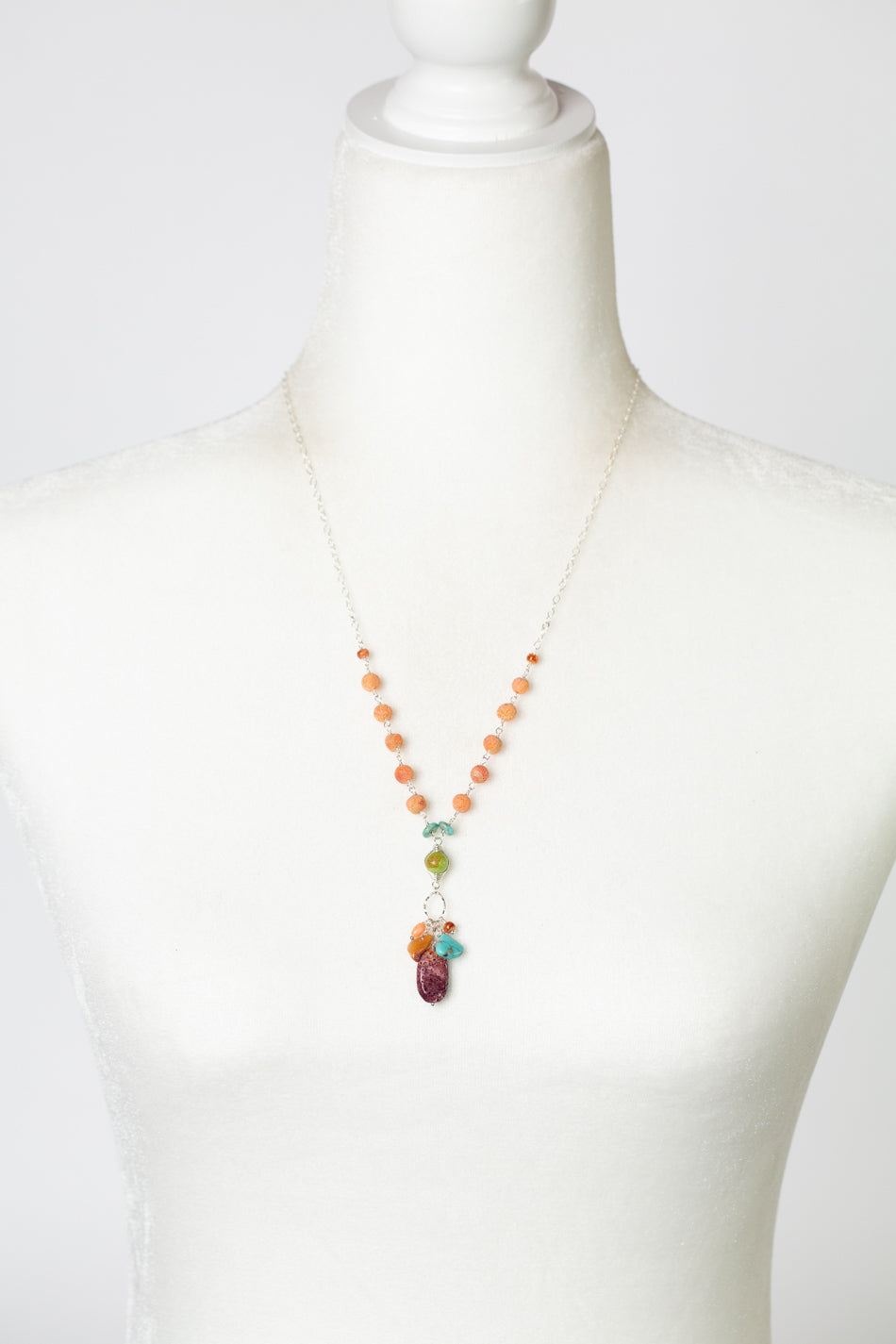 Unity 21.5-23.5" Cluster Of Purple Spiny Oyster, Turquoise, Orange Spiny Oyster, And Natural Green Turquoise Cluster Necklace