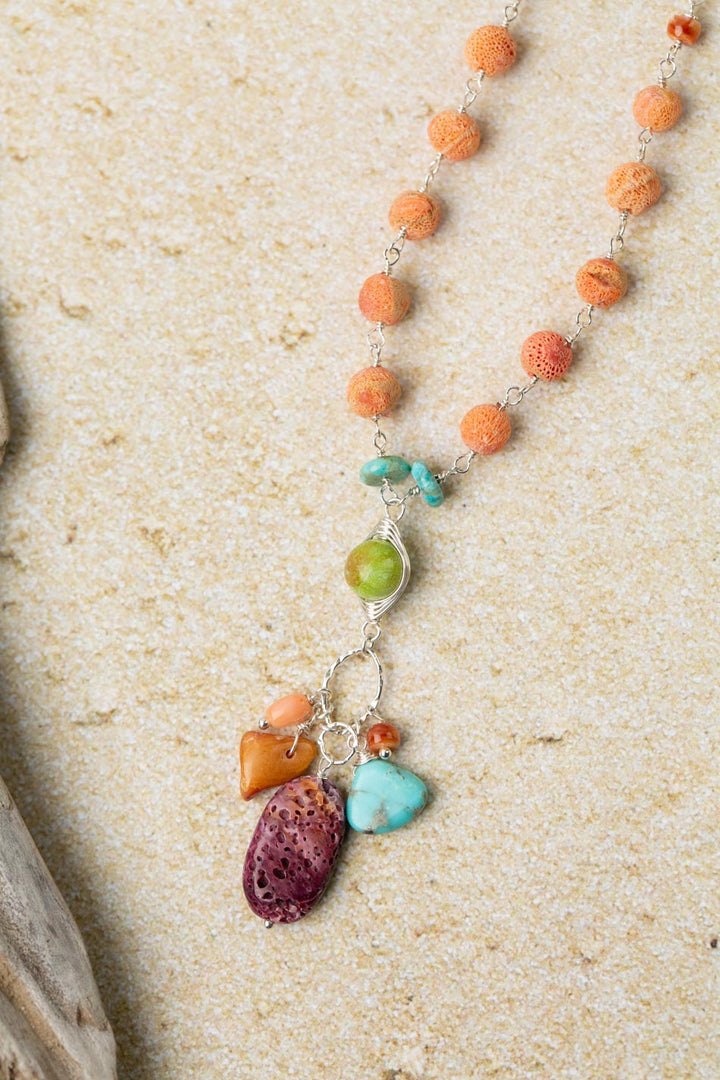 Unity 21.5-23.5" Cluster Of Purple Spiny Oyster, Turquoise, Orange Spiny Oyster, And Natural Green Turquoise Cluster Necklace