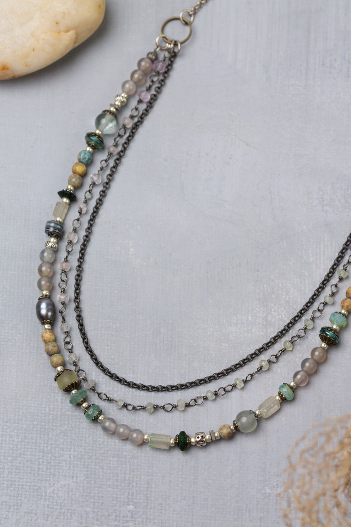 Venetian Dreams 22.5-24.5" Freshwater Pearl, Fluorite, Roman Glass Multistrand Necklace