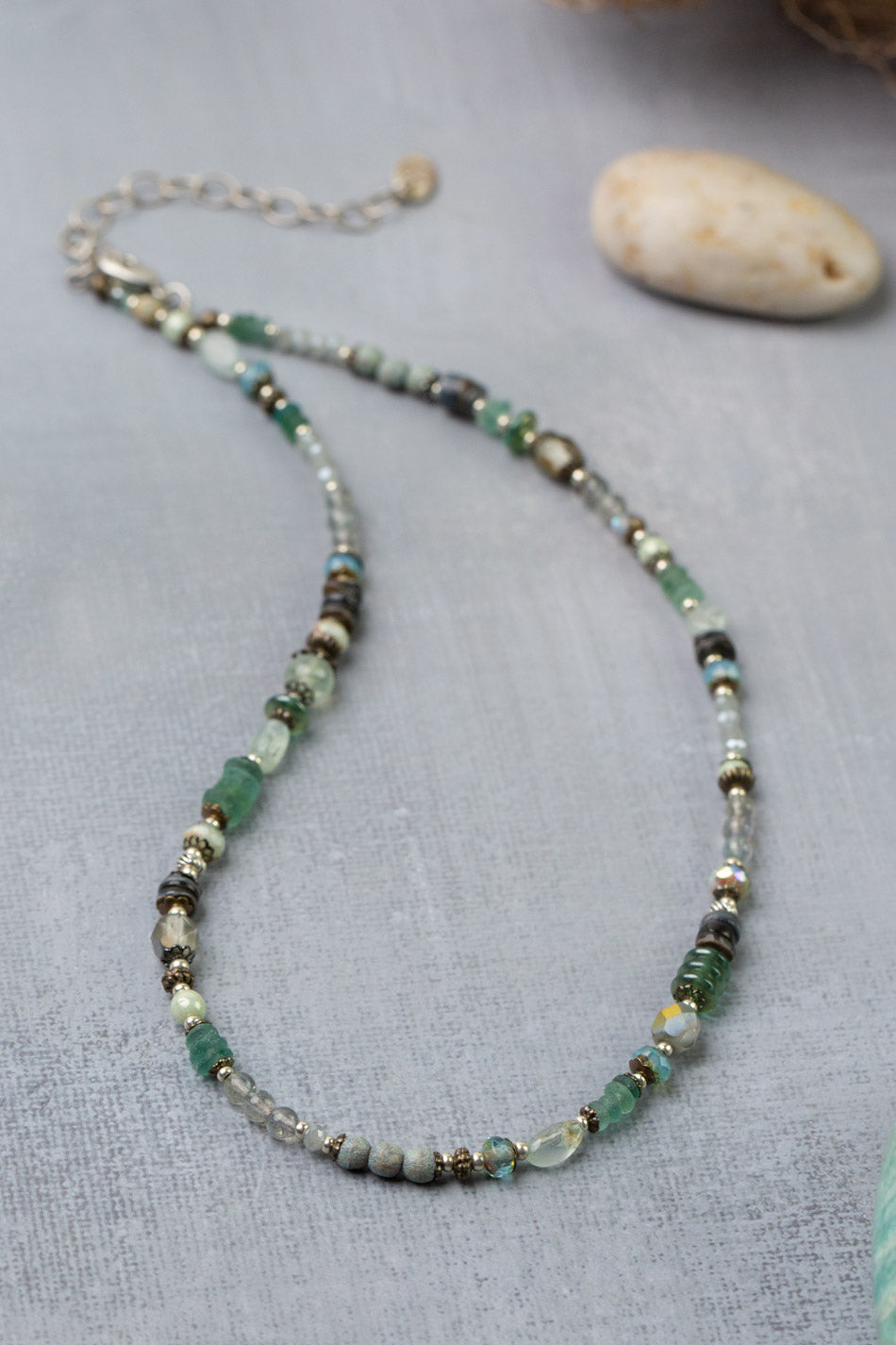 Venetian Dreams 15-17" Peruvian Opal, Fluorite, Czech Glass, Roman Glass, Freshwater Pearl Collage Necklace