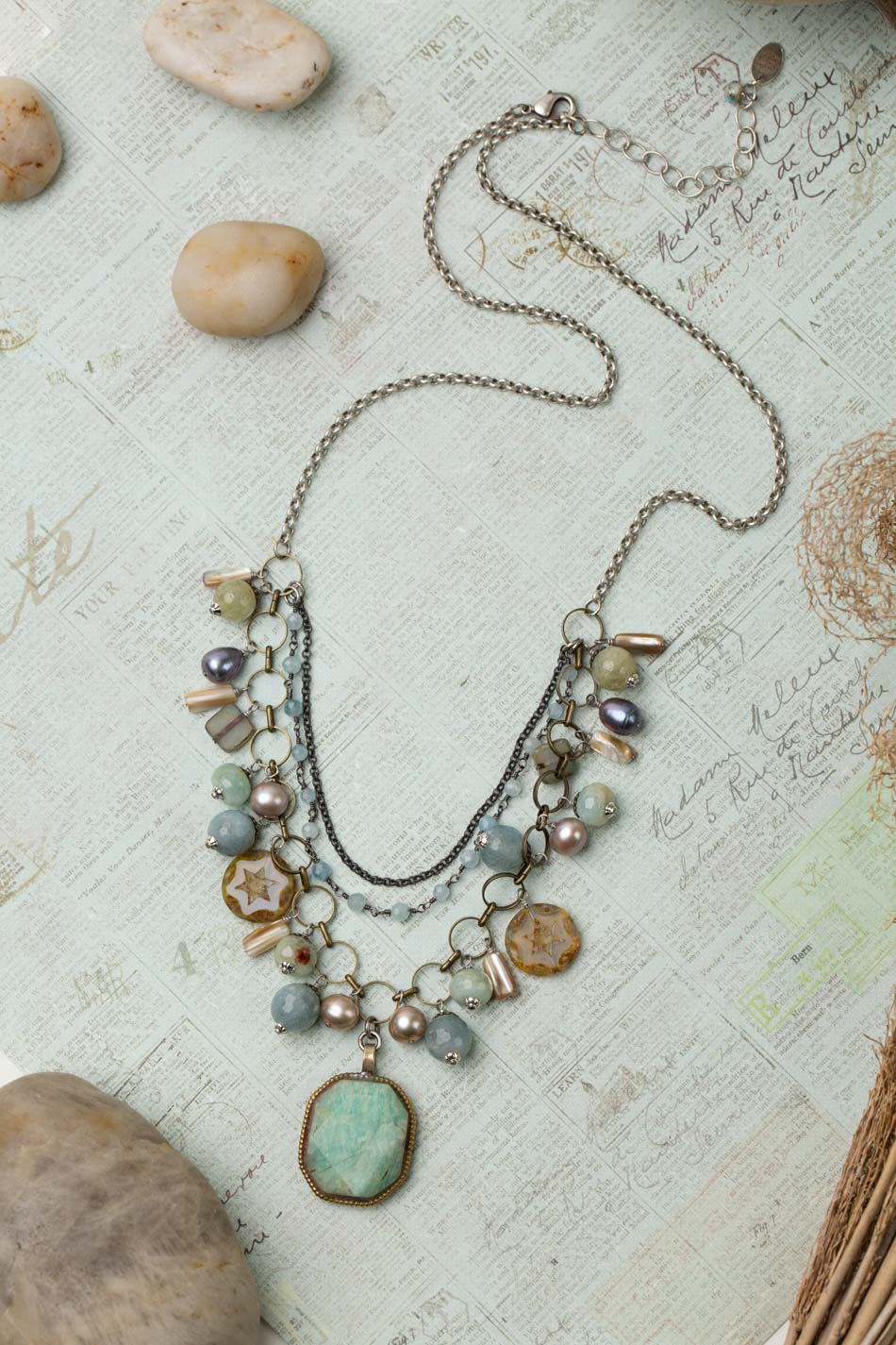 Venetian Dreams 22-24" Freshwater Pearl, Aquamarine, Abalone Shell With Faceted Amazonite Pendant Statement Necklace